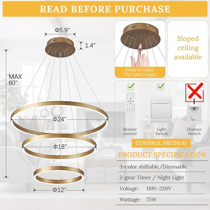 LED 3-Ring Chandelier Gold Dimmable Modern Pendant Light with Remote Control Vintage Brass LED Circle Chandelier for Dining Room Entry Foyer Bedroom Living Room,75W