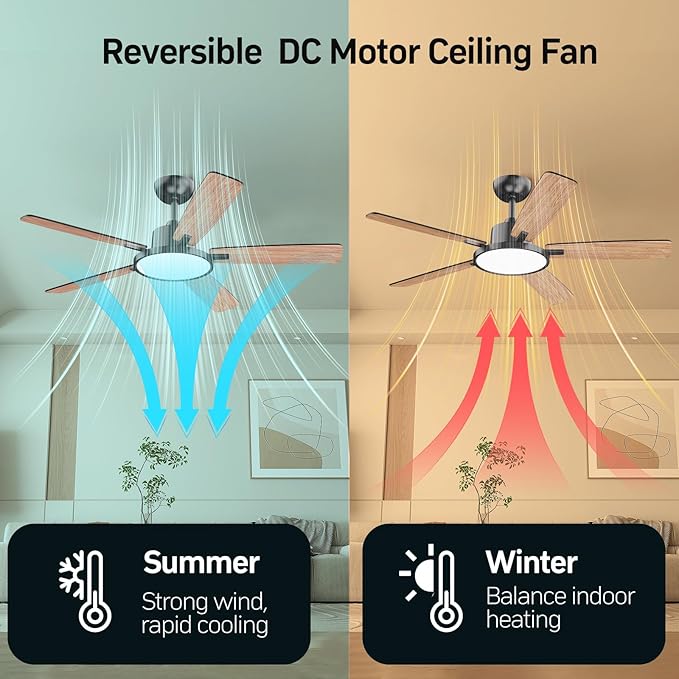 TALOYA 52 Inch Black Smart Ceiling Fans with Lights Led Remote Control Flush Mount Low Profile for Bedroom Living Dining Room Outdoor Farmhouse Patio,Reversible,DC Motor,3 Color Temperatures,5 Blades