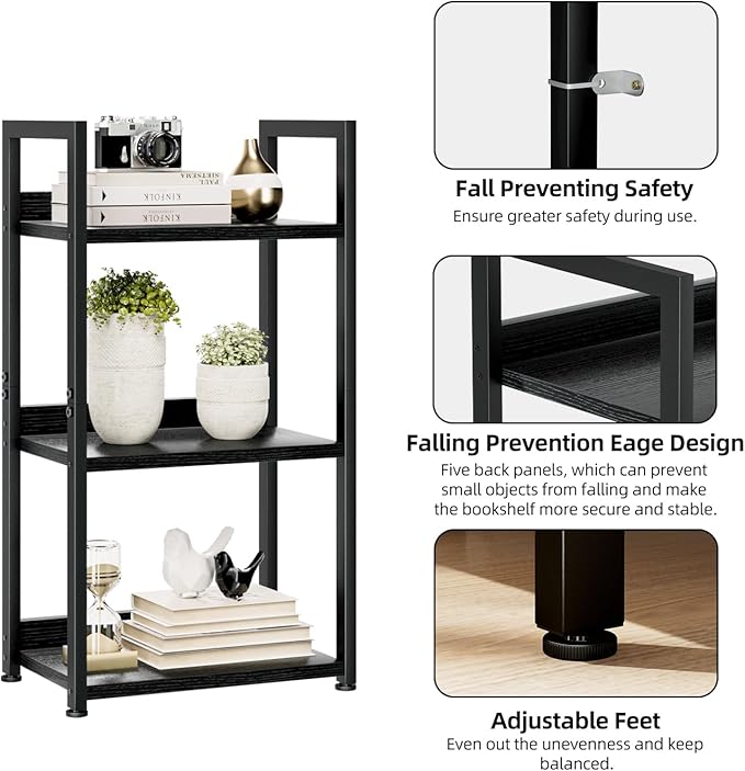 NUMENN Narrow Bookshelf, 3 Tier Bookshelfs, Home Office Bookcase Shelf Storage Organizer, Free Standing Storage Shelving Unit for Bedroom, Living Room and Home Office, Black