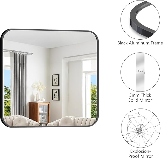 FORBATH Bathroom Mirror 30" x 30", Large Square Wall Mirror with Black Aluminum Frame Rounded Corner, Wall Mounted Mirror for Bathroom Bedroom Entryway Living Room