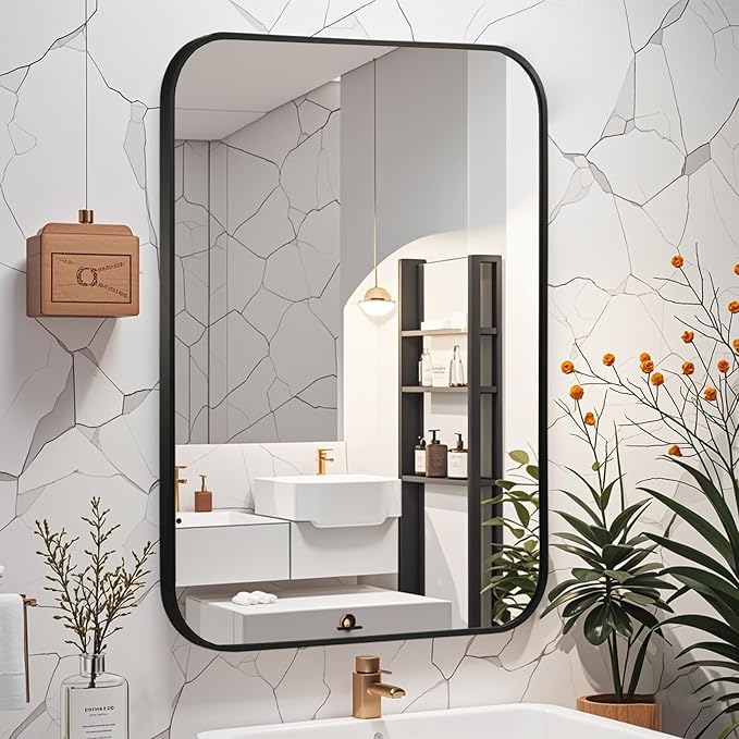 Matte Black Mirror, 16"x24" Rectangle Bathroom Mirror, Metal Frame Rectangle Corner Vanity Mirror, Wall Mounted Mirror for Modern, Living Room, Bedroom, Horizontal Or Vertical