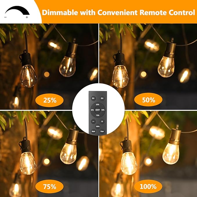 100FT LED Outdoor Patio Lights, Waterproof String Light with Remote & 32 Shatterproof S14 Vintage Bulbs(2 Spare), Connectable Commercial Outside Hanging Light for Garden, Balcony, Backyard, Bistro