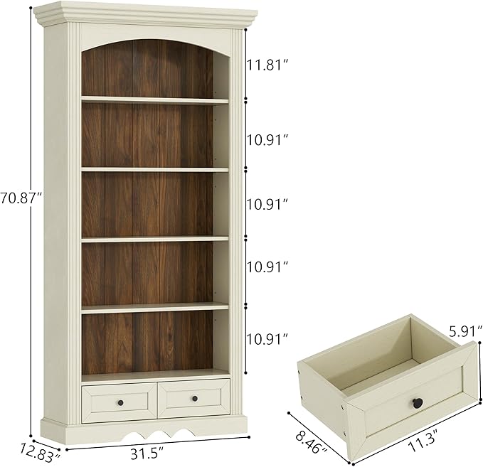 71'' Tall Arched Bookcase with Stroage of 2 pcs, Farmhouse 5-Tier Arch Bookshelf with Drawers, Freestanding Book Shelf with Adjustable Shelf and Roman Column Pattern for Home Office (2, White)