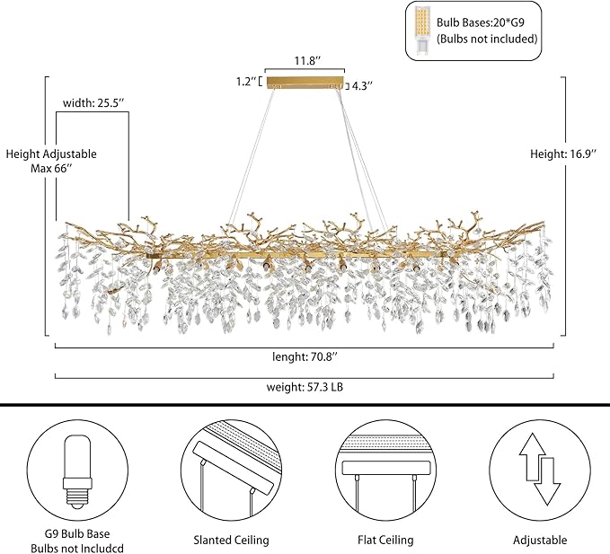YUYI Modern Crystal Chandelier, 71" Gold Tree Branch Chandelier, 20-Lights Rectangular Raindrop Chandeliers for Dining Room Kitchen Island Living Room Foyer, Luxury K9 Crystals Pendant Light Fixtures