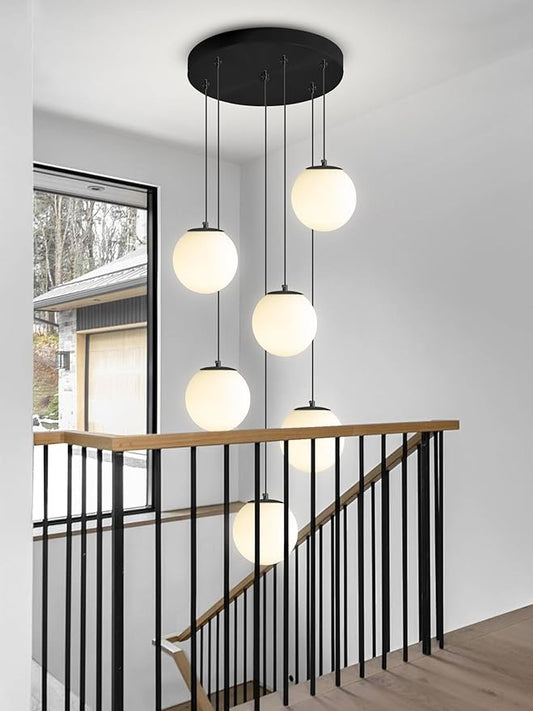 H 87in Globe Pendant Light 6-Lights Modern Hanging Chandelier for Kitchen Island Black Globe Chandelier Milk White Glass Pendant Lighting for Living Room Bedroom Entryway