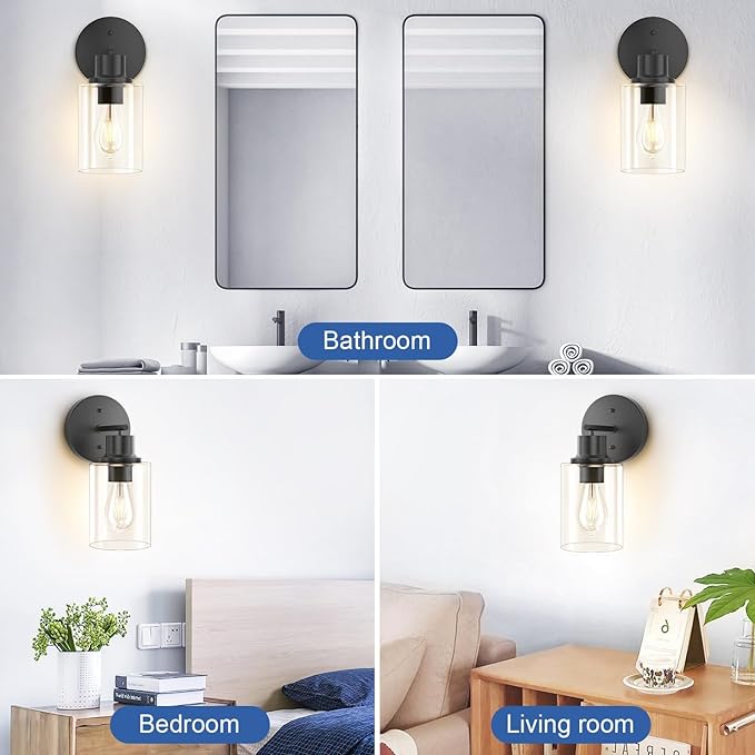 GORDNWE Set of 2 Bathroom Wall Sconce, Matte Black Vanity Light, Modern Wall Light Fixture with Clear Glass Shade and E26 Bulb Base, Wall Lamp Wall Mount Light Fixtures for Mirror, Bedroom
