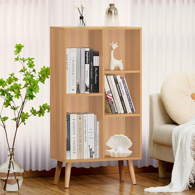 LEYAOYAO Wooden 5 Cube Bookshelf, Natural 3 Tier Book Shelf with Legs, Modern Open Storage Organizer,Boho Bookcase,Display Cabinet Shelf Free Standing Bookshelfs for Bedroom,Living Room,Study