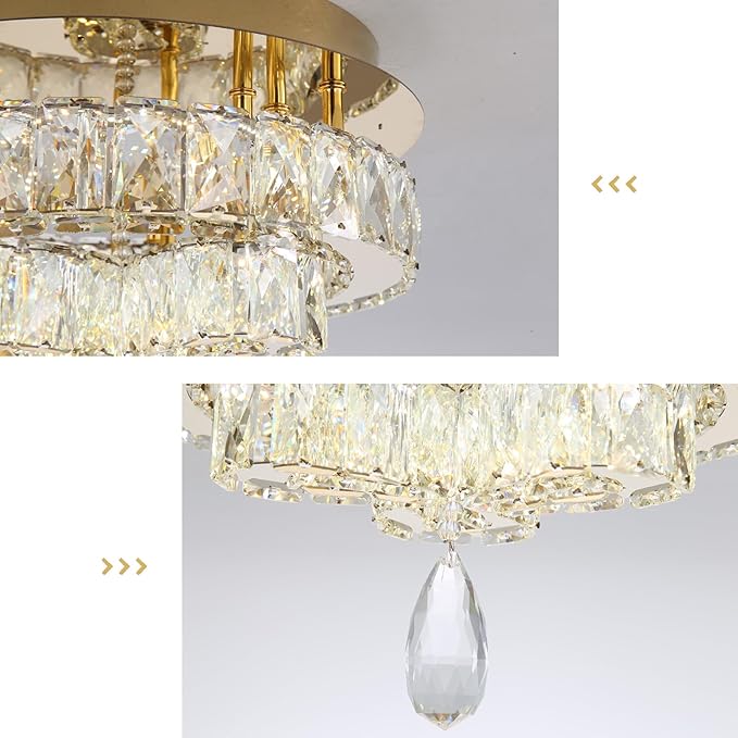 12'' Modern Crystal Chandelier LED Dimmable Flush Mount Ceiling Light Pendant Light for Hallway Living Room Bedroom Dining Room Foyer Gold