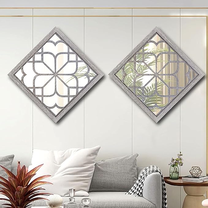 Wocred 2 PCS Square Wall Mirror,Gorgeous Rustic Farmhouse Accent Mirror,Barn Wood Color Entry Mirror for Bathroom Renovation,Bedrooms,Living Rooms and More(20”x20”)