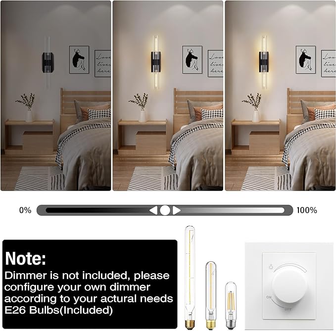 Bathroom Vanity Light Fixtures Wall Sconces, 22.8" Sconces Wall Lighting 2-Light, Black Glass Lamp, Glass Vanity Lights, Indoor Wall Lamps for Bedroom Bedside Living Room Hallway