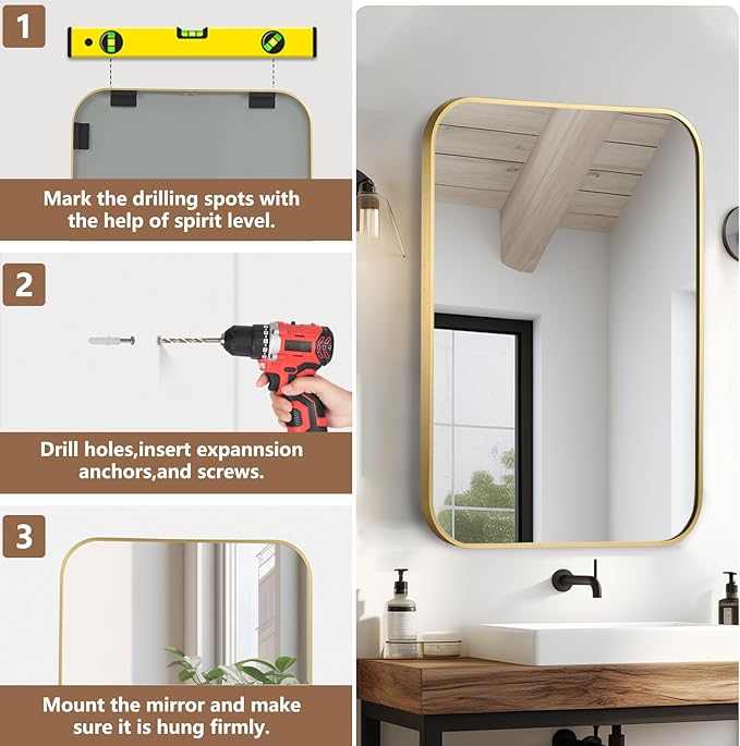 Brushed Gold Mirror, 24"x36" Rectangle Bathroom Mirror, Metal Frame Rectangle Corner Vanity Mirror, Wall Mounted Mirror for Modern, Living Room, Bedroom, Horizontal Or Vertical