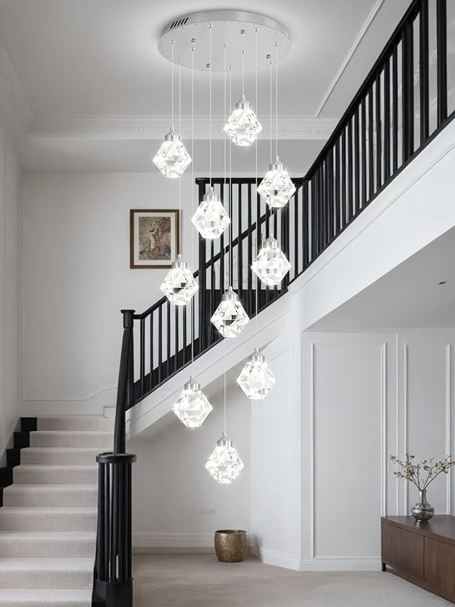 10-Light Modern Chandeliers for Foyer Crystal Chandelier for Living Room Chrome Pendant Light Staircase Chandeliers for High Ceilings Dimmable LED Hanging Light with Remote