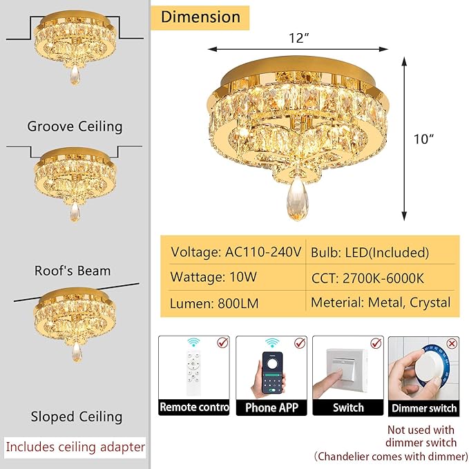 12'' Modern Crystal Chandelier LED Dimmable Flush Mount Ceiling Light Pendant Light for Hallway Living Room Bedroom Dining Room Foyer Gold