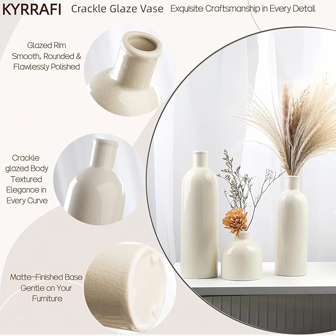 White Crackle Glaze Ceramic Vase Set 3-Piece – Home Decor Modern Decorative Vases Ideal Shelf Decor/Table/Living Room/Kitchen/Office Ideal for Pampas Grass & Floral Arrangements for Flowers