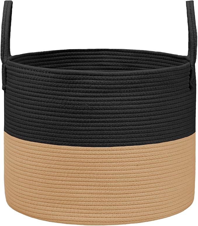 Woven Blanket Basket,115L Large Rope Storage Bin with Handles, Organizer for Blankets Toys Book and Clothes, Laundry Basket for Living Room Bedroom Nursery,Black&Jute