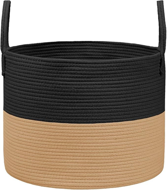 Woven Blanket Basket,115L Large Rope Storage Bin with Handles, Organizer for Blankets Toys Book and Clothes, Laundry Basket for Living Room Bedroom Nursery,Black&amp;Jute
