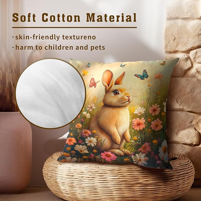 Giwawa Easter Bunny Throw Pillow Covers 18x18 Inch Flower Butterfly Decorative Pillowcase Set of 2 Couch Cushion Case for Sofa Home Living Room