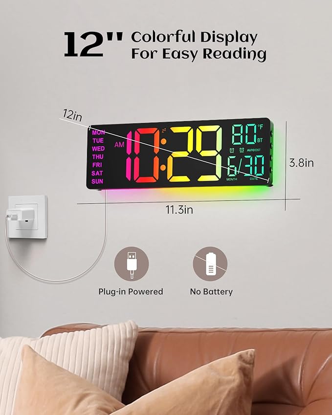 12" Digital Wall Clock for Classroom Livingroom Game Home Decor with LED Display RGB Lights, BIuetooth Sync, Dual Alarms, Auto DST, Countdown, Remote Control, Temperature