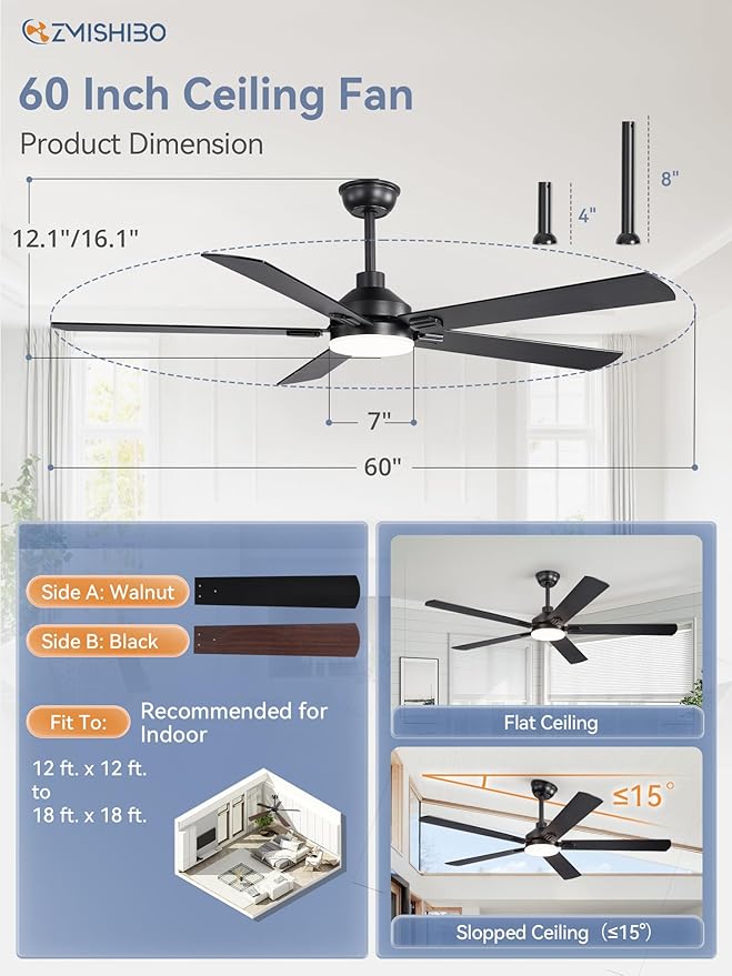 ZMISHIBO 60" Ceiling Fans with Lights, Black Modern Ceiling Fan with Remote, Farmhouse Indoor Ceiling Fan with Dual Finish Blades, Quiet & Strong Motor, Bright LED Light.