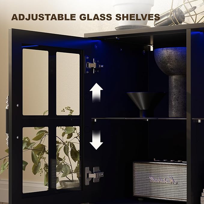 MEISSALIVVE 4-Piece Wall Unit TV Stand with Storage & LED Lights for TVs up to 75", Modern Entertainment Center with Bookshelves & 4-Door Pantry Cabinet, Black