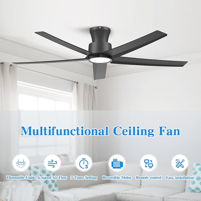 ocioc 52 Inch Ceiling Fans with Lights, Large Air Volume Ceiling Fan with Backlight, Ultra Quiet Reversible DC Motor with Remote (Black)