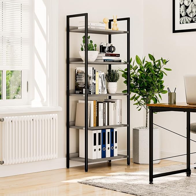 NUMENN Bookshelf, 5 Tier Bookshelfs, Home Office Bookcase Shelf Storage Organizer, Free Standing Storage Shelving Unit for Bedroom, Living Room and Home Office, Gray