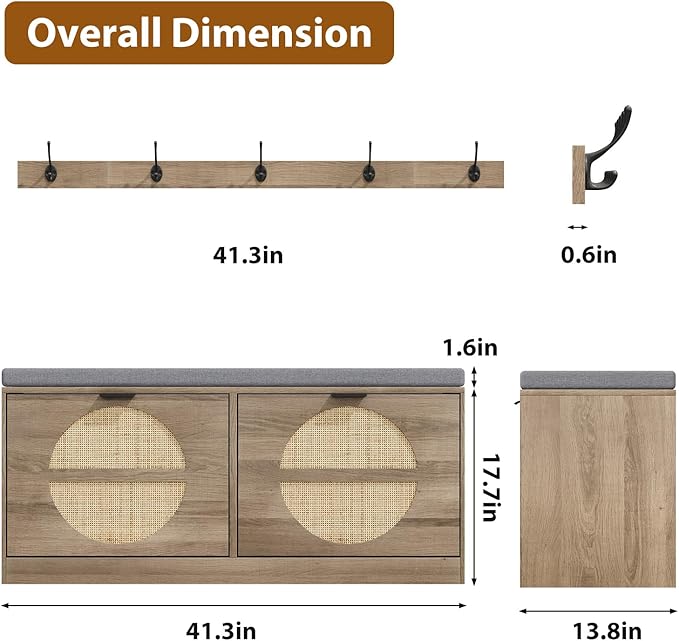 Rattan Storage Bench with Cushion &amp; Coat Rack, Shoe Rack with 2 Flip Drawers, Narrow Shoe Storage Cabinet, Shoe Bench for Entryway, Living Room, Rustic Oak, Round