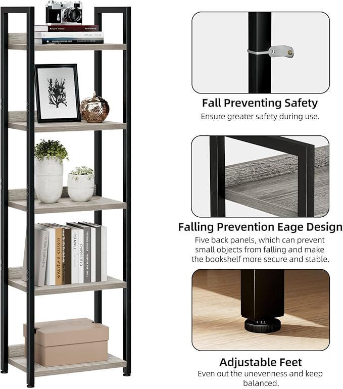 NUMENN Narrow Bookshelf, 5 Tier Bookshelfs, Home Office Bookcase Shelf Storage Organizer, Free Standing Storage Shelving Unit for Bedroom, Living Room and Home Office, Gray