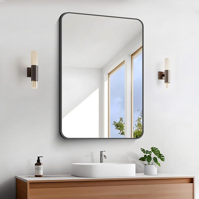 FORBATH Bathroom Mirror 24 x 36 Inches，Black Wall Mirror Aluminum Frame Wall Mounted Rounded Corner Morndern Mirror for Bathroom Bedroom Entryway Living Room