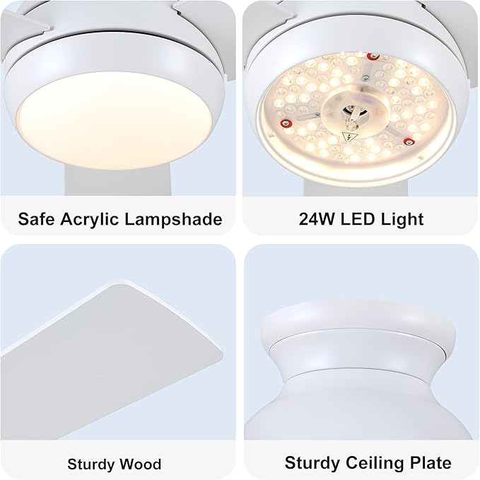 42 Inch Ceiling Fans with Lights and Remote, White Low Profile Ceiling Fan with Light, Flush Mount, Reversible, 6 Speeds, 3CCT Dimmable, Bedroom Indoor/Outdoor Patios Use