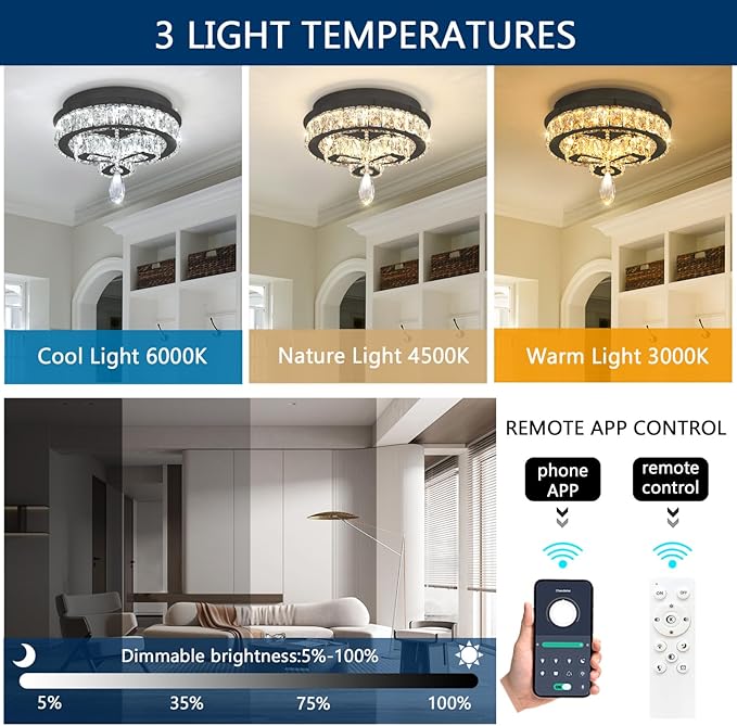 12'' Modern Crystal Chandelier LED Dimmable Flush Mount Ceiling Light Pendant Light for Hallway Living Room Bedroom Dining Room Foyer Black