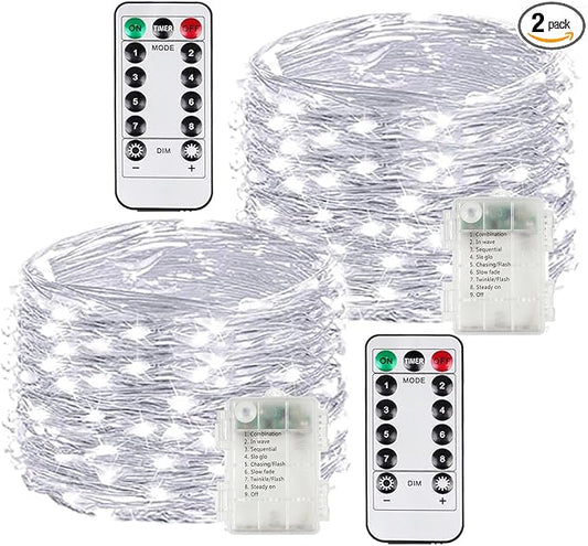 2 Pack 100LED Battery Operated Fairy Lights with Remote, 8 Modes LED String Lights with Timer, Dimmable, Memory Function, Waterproof Twinkle Lights for Outdoor Indoor Christmas Decor(Cool White)