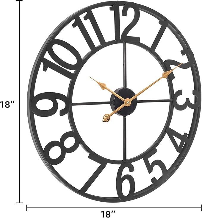 Extra Large 18 Inch Outdoor Wall Clock, Black Metal Modern Minimalist Battery Operated Silent Clock for Patio, Pool, Garden, Living Room, Kitchen, Office, Bedroom Decor with Easy to Read Numbers