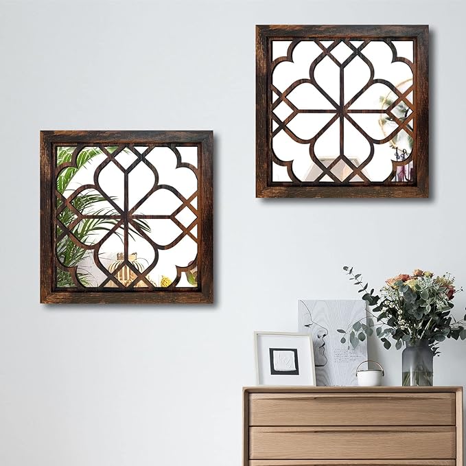 Wocred 16inch 2 PCS Square Wall Mirror,Gorgeous Rustic Farmhouse Accent Mirror, Caramel Color Entry Mirror for Bathroom Renovation,Bedrooms,Living Rooms and More.