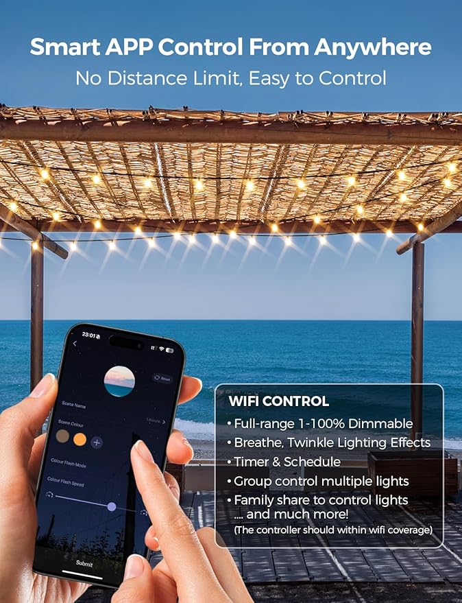 XMCOSY+ Smart Outdoor String Lights, 150Ft G40 Globe Patio Lights with 75 LED Bulbs, WiFi &amp; APP Control, Work with Alexa, Extendable Waterproof Dimmable LED String Lights for Outside, Porch, Cafe