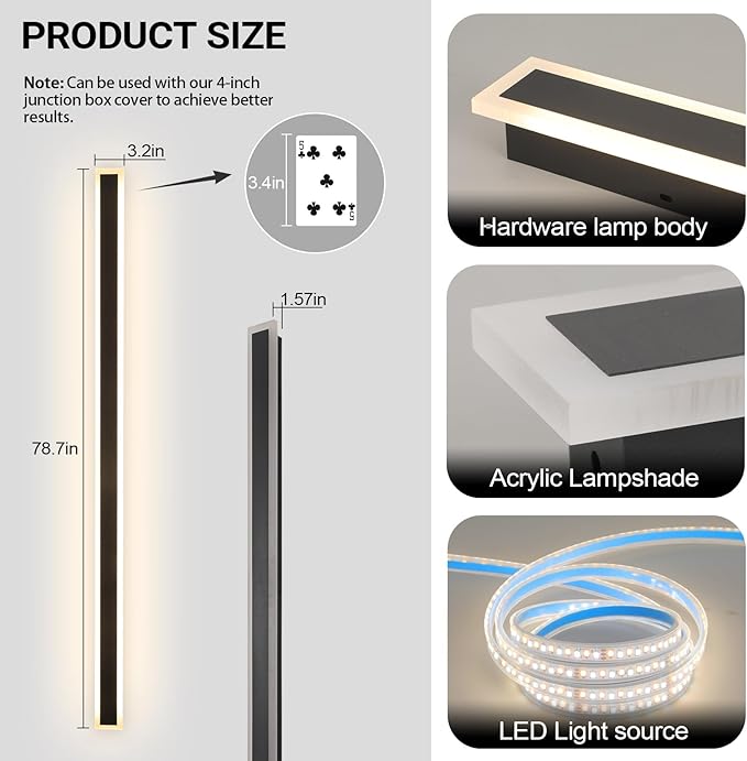 79 Inch Modern Outdoor Wall Light, Long Exterior Wall Lighting IP65 Waterproof 3000K-6000K Dimmable LED Outdoor Wall Sconce, Linear Long Wall Light for House Exterior Patio Garage