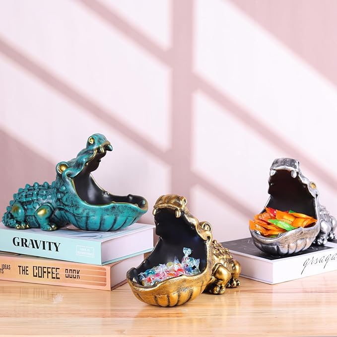 Alligator Statue Key Bowl, Fun Animal Statue Candy Dish for Entryway Decorative Bowl, Office Candy Dish, Big Mouth Sculpture Home Living Room Trinket Container Storage Box (Silver)