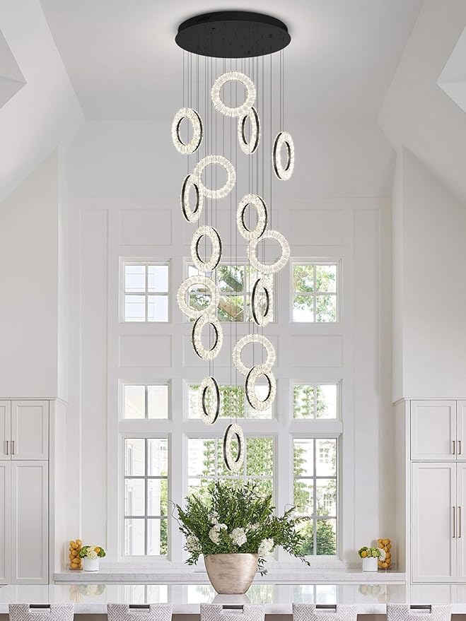 16 Rings High Ceiling Chandelier,Black Rings Chandeliers Staircase Chandelier for High Ceilings,Foyer Chandeliers Entryway High Ceilings