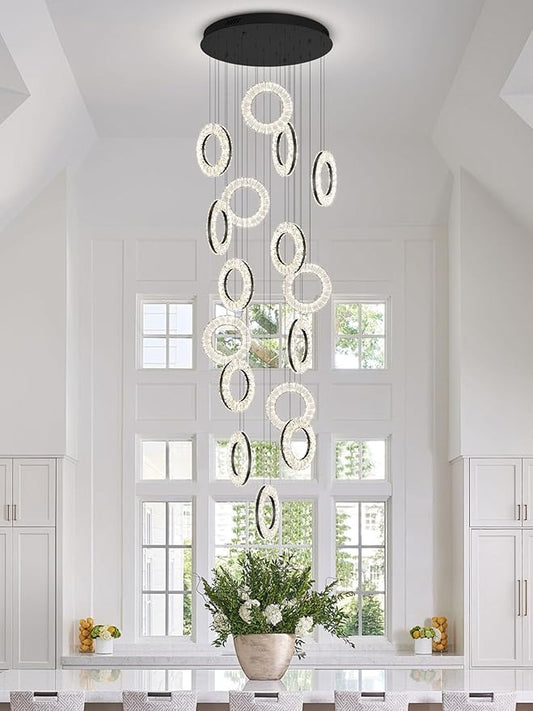 16 Rings High Ceiling Chandelier,Black Rings Chandeliers Staircase Chandelier for High Ceilings,Foyer Chandeliers Entryway High Ceilings