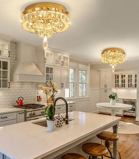 12'' Modern Crystal Chandelier LED Dimmable Flush Mount Ceiling Light Pendant Light for Hallway Living Room Bedroom Dining Room Foyer Gold