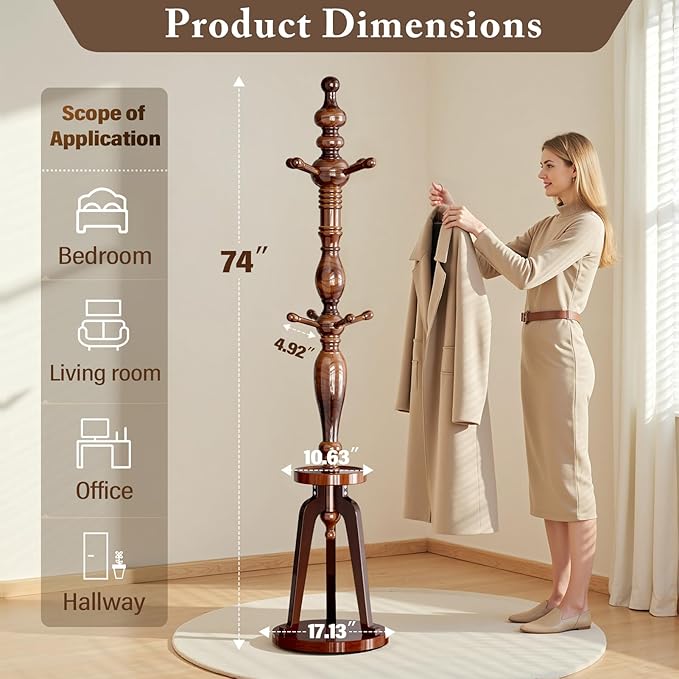 Coat Rack with 8 Hooks, Hall Tree Freestanding with Tray, Wood Coat Tree Heavy Duty with Round Base, Standing Coat Rack, Load Capacity 220 lb, Coat Hanger Stand for Entryway Hallway Office (020-HTS)