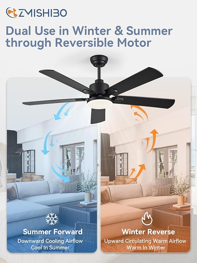 ZMISHIBO 2 Pack 52" Ceiling Fans with Lights, Black Modern Ceiling Fan with Remote, Farmhouse Indoor Ceiling Fan with Dual Finish Blades, Quiet & Strong Motor, Bright LED Light.