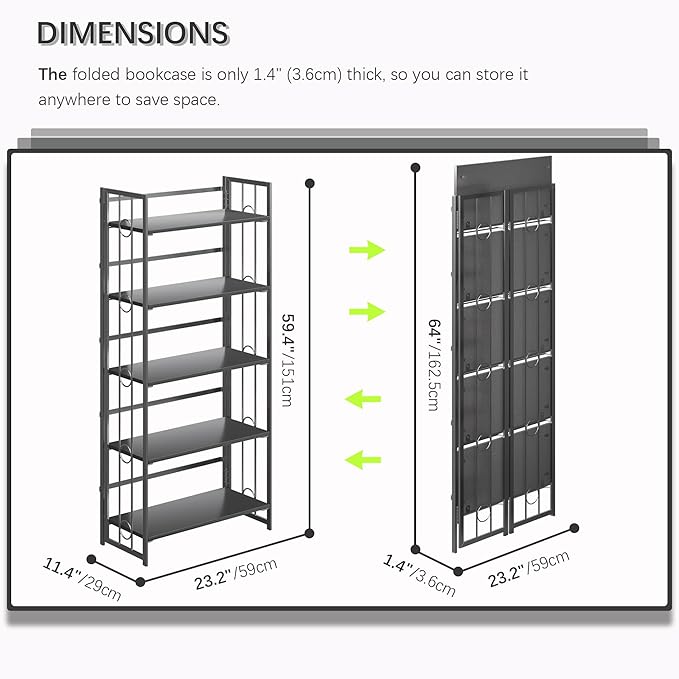 4NM No Assembly 5 Tiers Folding Bookshelf, 59.4" H Foldable Storage Shelves Vintage Bookcase Standing Racks Study Organizer Home Office - All Black