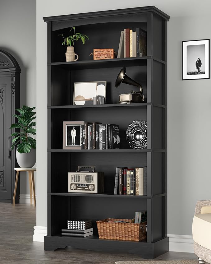 TVU 5-Tier Wooden Bookshelf, 65 Inch Tall Bookshelf with Storage, Floor Standing Modern Style Display Bookcase for Living Room, Office, Study Room, Entryway, Black