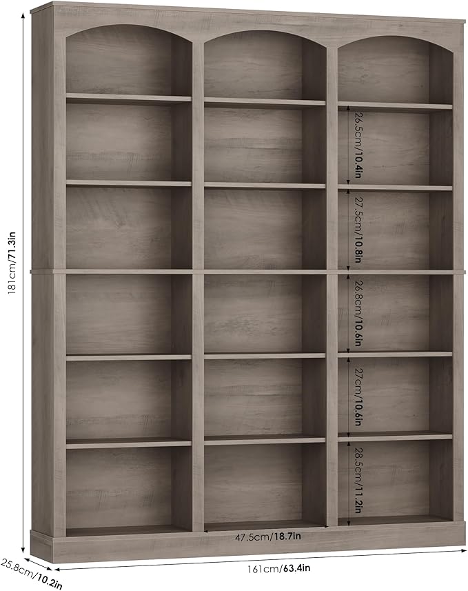 71" Triple Wide Bookshelf, 6 Tier Tall Bookshelf, Large Bookcase with Curved Baffle, 63.4" Wide Book Shelf with 18 Open Display Shelves for Living Room, Study, Gray
