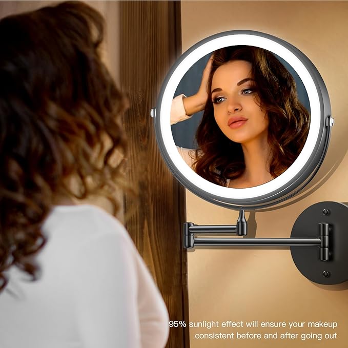 Wall Mounted Lighted Makeup Mirror, 8" Rechargeable Double-Sided Light up Magnifying Mirror 1x/10x,3 Color Led Vanity Mirror with Lights,Touch Dimmable 360° Rotation Foldable-Black