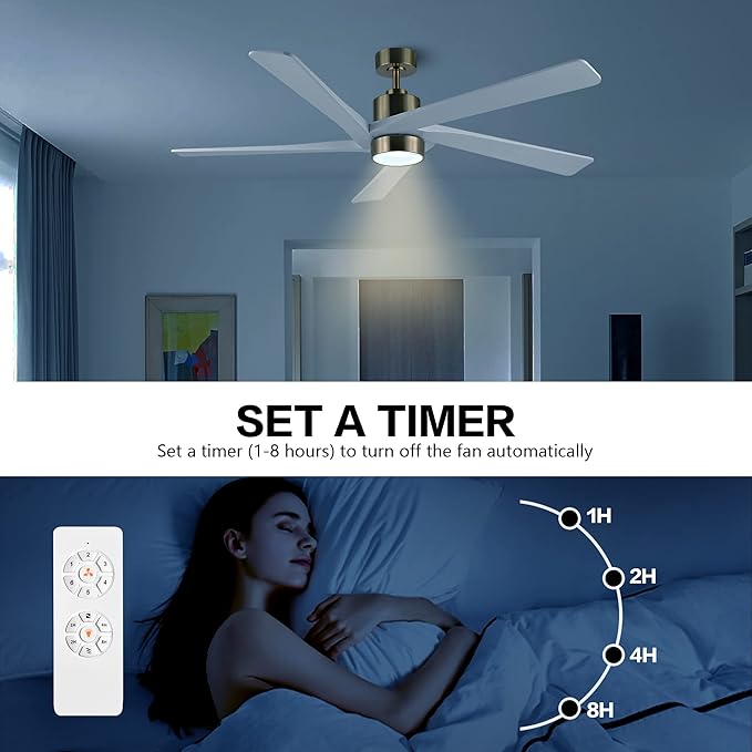 WINGBO 54 Inch DC Ceiling Fan with Lights and Remote Control, 5 Reversible Carved Wood Blades, 6-Speed DC Motor, Modern Ceiling Fan in Brass Finish with White Blades, ETL Listed