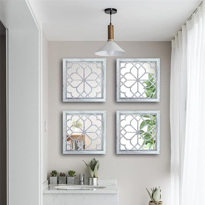 Wocred Set of 4 Mirrors Square Wall Mirror,Gorgeous Rustic Farmhouse Accent Mirror,Rustic White Color Entry Mirror for Bathroom Renovation,Bedrooms,Living Rooms and More(12”x12”4pcs)