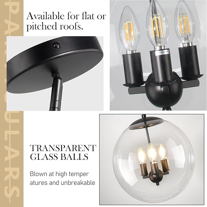13.7" Globe Pendant Light 3-Light Black Mid Century Pendant Light Clear Glass Lights Kitchen Island Mid Century Adjustable Hanging Farmhouse Globe Fixtures for Living Room Lobby