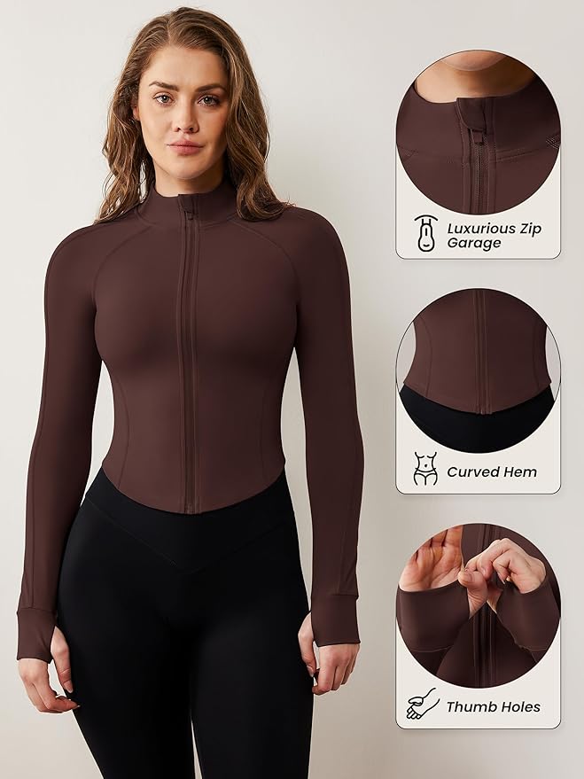 AVGO Women's Workout Jacket Lightweight Zip Up Cropped Yoga Jackets Slim Fit Athletic Tops with Thumb Holes